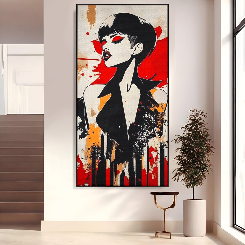 Tablou canvas cu tablou canvas cu portret de femeie stilizat, in rama de aluminiu negru